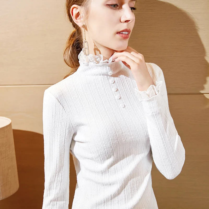 White sweater Лоскутная кружевная пуговица осень зима свитер женский эластичный тонкий длинный рукав черный пуловер вязаный джемпер Топы M99902 - Цвет: White sweater