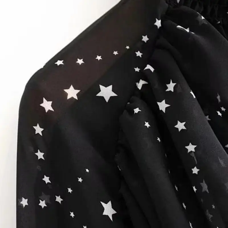 Женская бежевая черная блузка с принтом звезды, женские повседневные черные рубашки с длинным рукавом, Новое поступление, стильные шикарные Шифоновые Топы Blusas T668