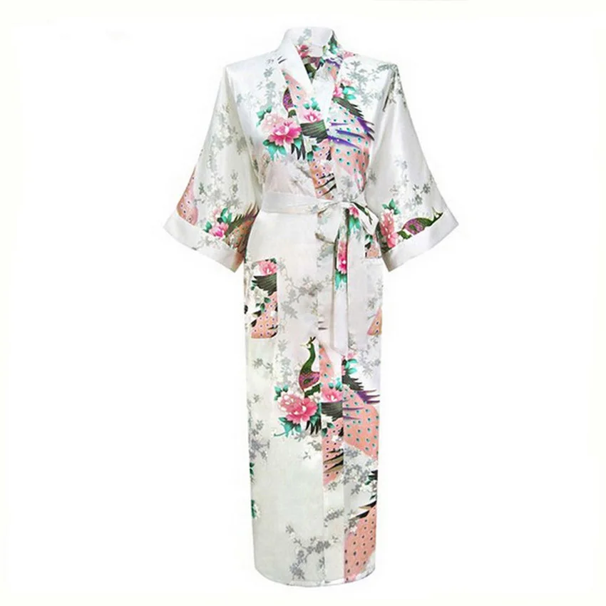 Japanese Kimono Sexy Bride Bridesmaid Wedding Dressing Woman Japanese Kimono Dress Peacock Print Satin Silk Yukata Bathing Robe Nightgown