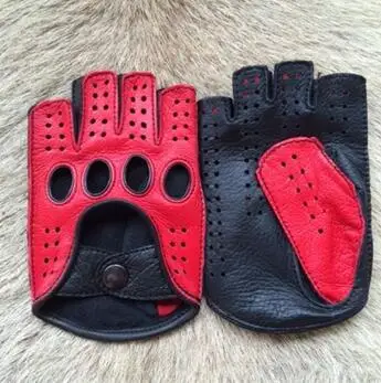 black red Новое поступление мужские кожаные перчатки для вождения без подкладки козья кожа перчатки без пальцев для спортзала перчатки для занятий фитнесом варежки - Цвет: black red