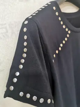 

T-shirt for Women 2020 Summer New Black Rivet Decoration Short Sleeve O-neck Casual T shirt Female Tees