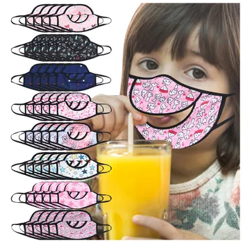 

5pc Kids Cartoon Print Face Mask Washable Reusable Mondkapjes Breathable Drinking Mouth Mask With Straw Hole Mascarillas Маска