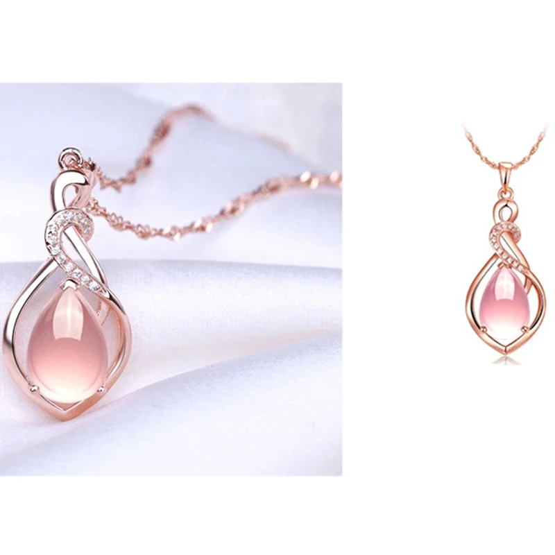 Natural Rose Stone Pendant Necklace Silver Jewelry Crystal Powder Water Drop Necklace For Women Gift