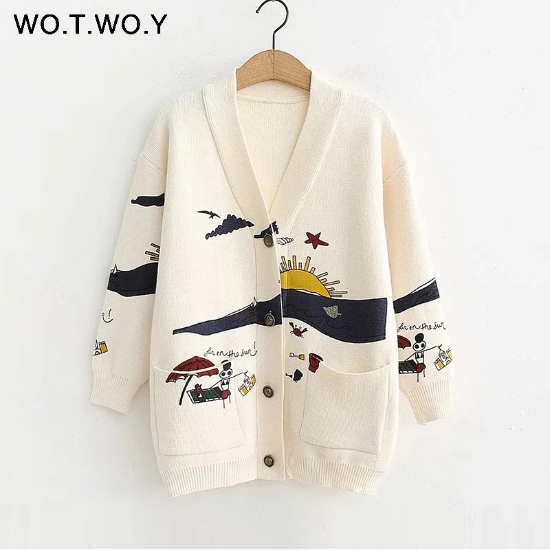 SC19270White WOTWOY осеннее белое хлопковое вязаное Женское пальто с принтом, v-образным вырезом, поясом, карманами, OpenSwitch, женские джемперы, повседневные пуговицы, женские топы - Цвет: SC19270White