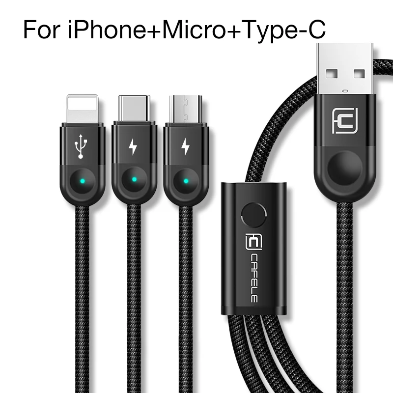 Cafele 3 в 1 USB кабель для iPhone Micro usb type C кабель светодиодный провод для быстрого заряда для huawei Xiaomi samsung Синхронизация данных - Цвет: Black 2