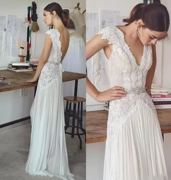 

2020 New Backless Light Chiffon Wedding Dresses Lace Aplliques Cap Sleeves Sexy V Neckline with Crystals Waist Bride Gowns