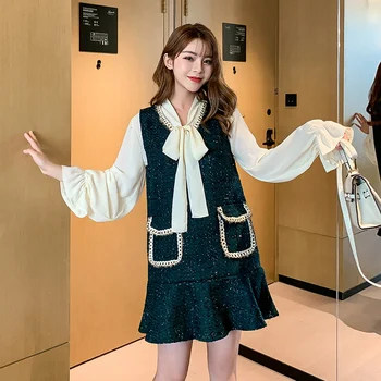 

2019 Autumn Women Clothing Set Long Sleeve Blouse + Sleeveless Knitted Vest Dress Two Piece Sets Mini Pockets Dress Suits