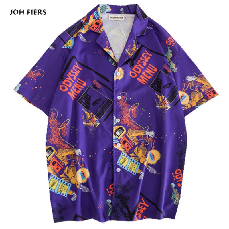 

2019 Space pattern Printed Shirts Men Summer Short Sleeve High Quality Shirts Streetwear Hip Hop Beach Hawaiian Vintage Shirts