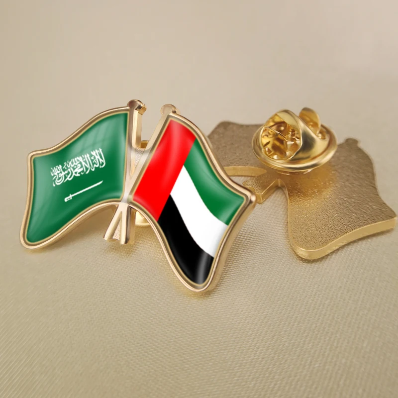 

Saudi Arabia and United Arab Emirates Crossed Double Friendship Flags Lapel Pins Brooch Badges