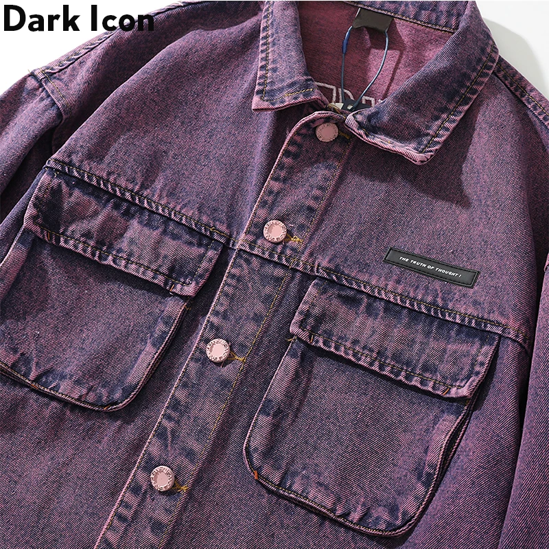 Джинсовая куртка с вышивкой темных икон для мужчин и женщин, джинсовые фиолетовые куртки с передними карманами для мужчин, уличная Мужская куртка, 2 цвета