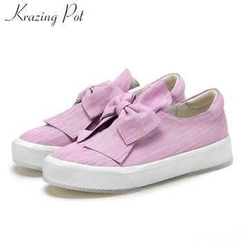 

Krazing Pot sweet bowtie vitality maiden genuine leather slip on casual shoes round toe thick bottom women vulcanized shoes L04