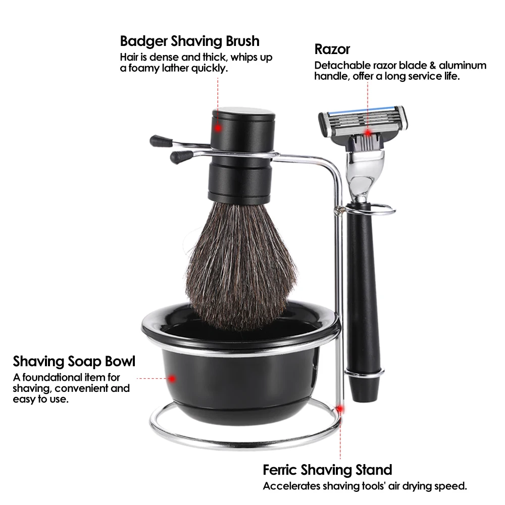 

4 in 1 Men's Shaving Razor Set Badger Shaving Brush Soap Bowl Stand Holder Detachable Shaving Razor Male Facial Shaving Tool
