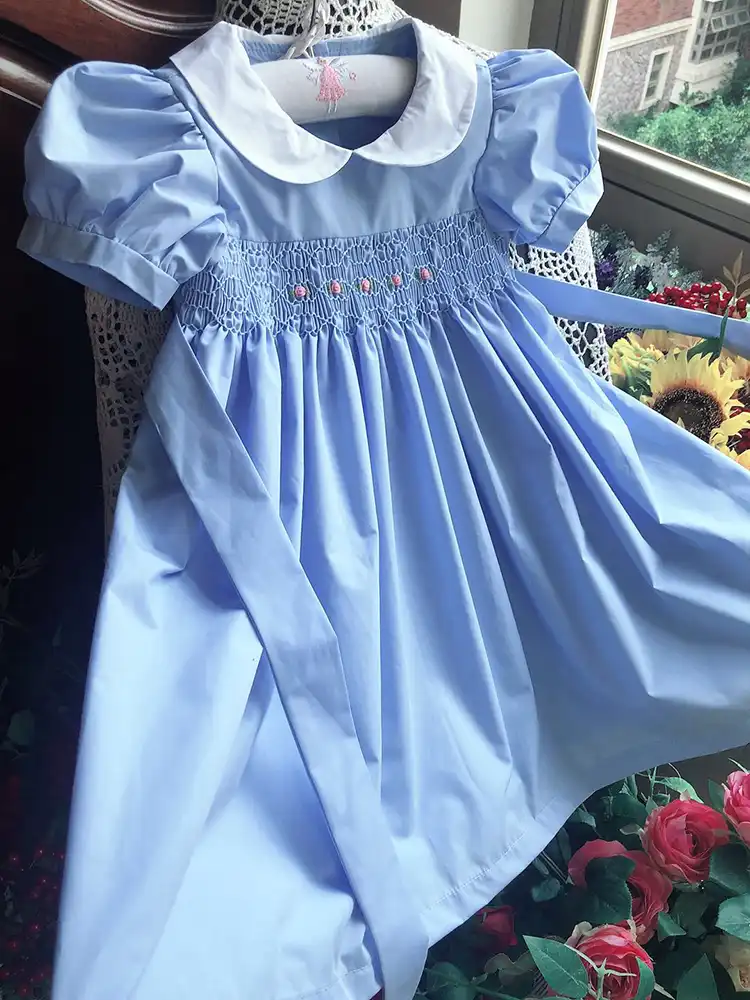 赤ちゃんのドレスブルーsmocked手作り綿ヴィンテージのウェディング子供服王女パーティーブティック子供 ドレス Aliexpress