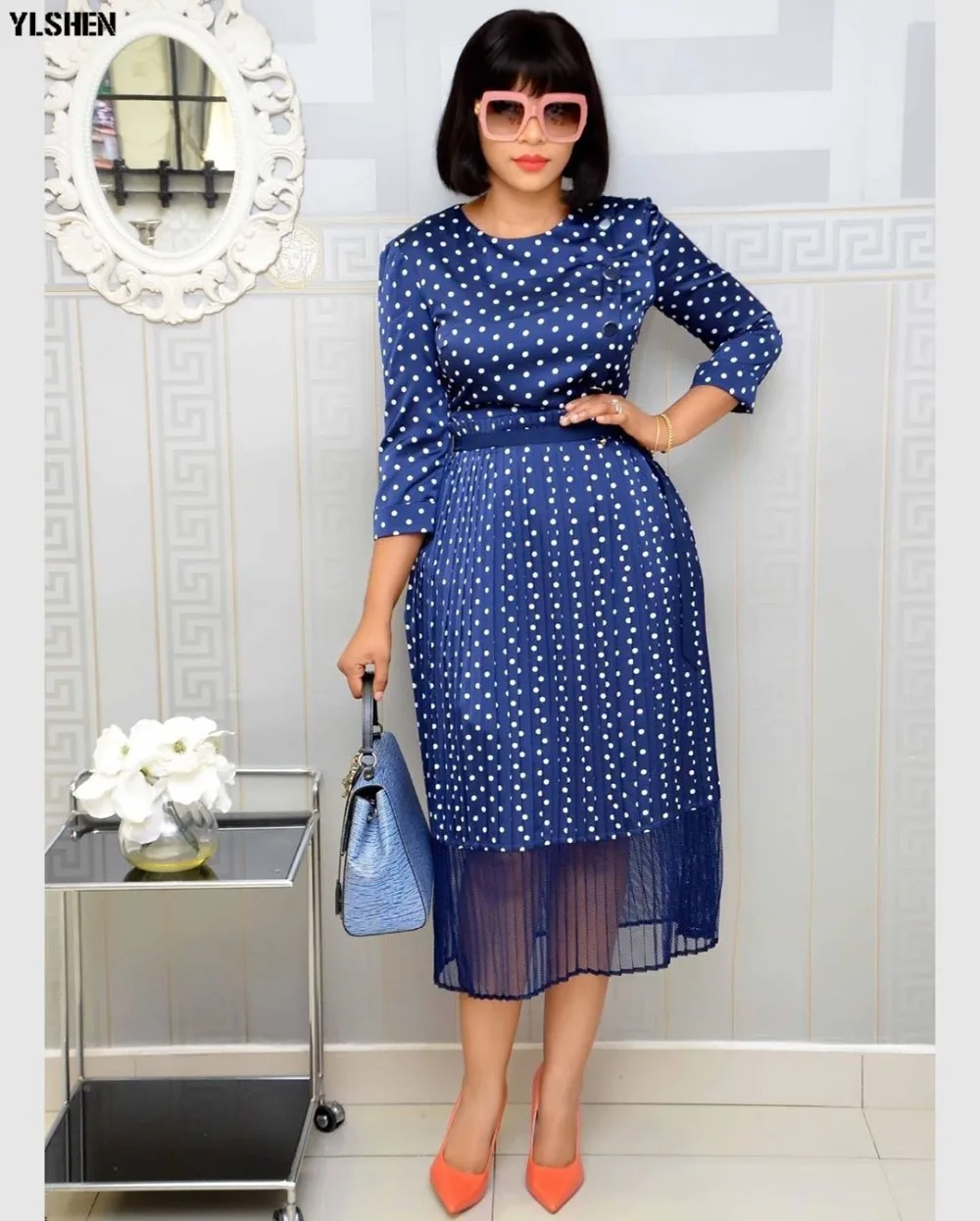 African Dresses for Women 2 Piece Set Dashiki Dot Dress + Mesh Skirt African Clothes New Fashion Bazin Robe Africaine Femme 2019 04