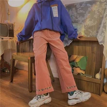 Corduroy Pants Women Winter 2021 Vintage Korean Fashion Wide Leg Pant High Waist Embroidery Plus Velvet Baggy Warm Trousers
