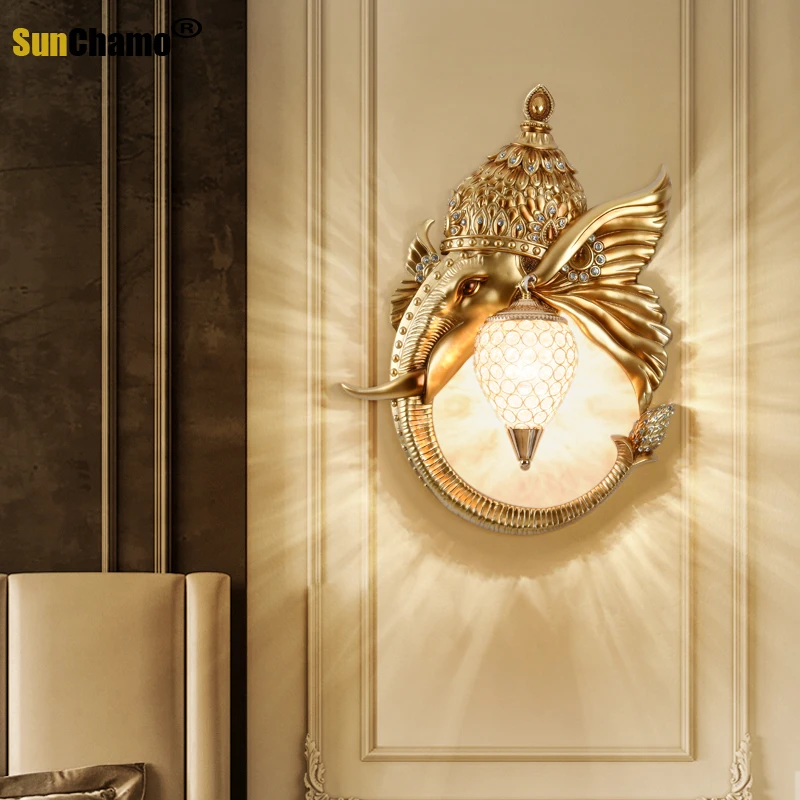 

Sunchamo Lucky Elephant American Retro Animal Head Decoration Lamp Living Room Sofa Background Wall Porch Study Staircase Decore