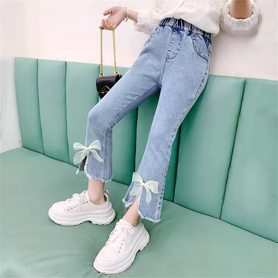 3-12t Jeans For Girls Elegant Bow Cute Denim Pants Sweet Bowknot