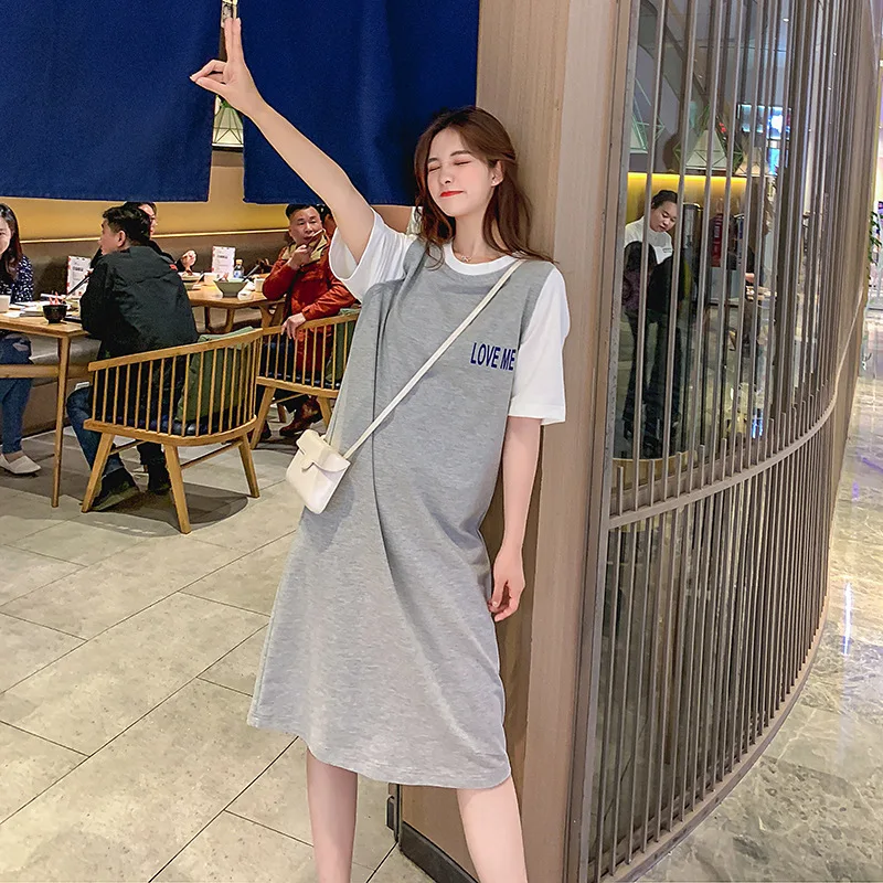 

Photo Shoot 2019 New Style Korean-style Students Panel Skirt Children Loose-Fit Mock Two-Piece Lettered Printed T-shirt Dress Su