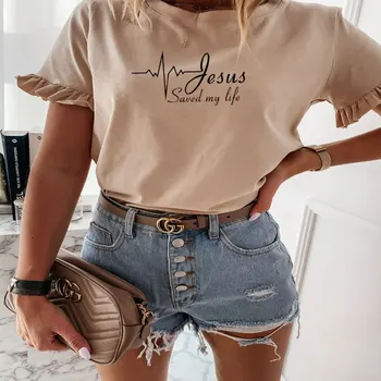 

Ladies Jesus Saved My Life T-Shirt Religion Christian Catholic Tee God Faith Prayer women slogan Ruffle Sleeve aesthetic tees