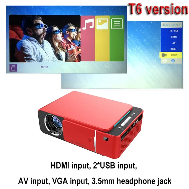 Basic version red UNIC T6 1280x720 светодиодный проектор 3500 люмен Keystone USB HDMI VGA AV проектор домашний кинотеатр Proyector - Цвет: Basic version red