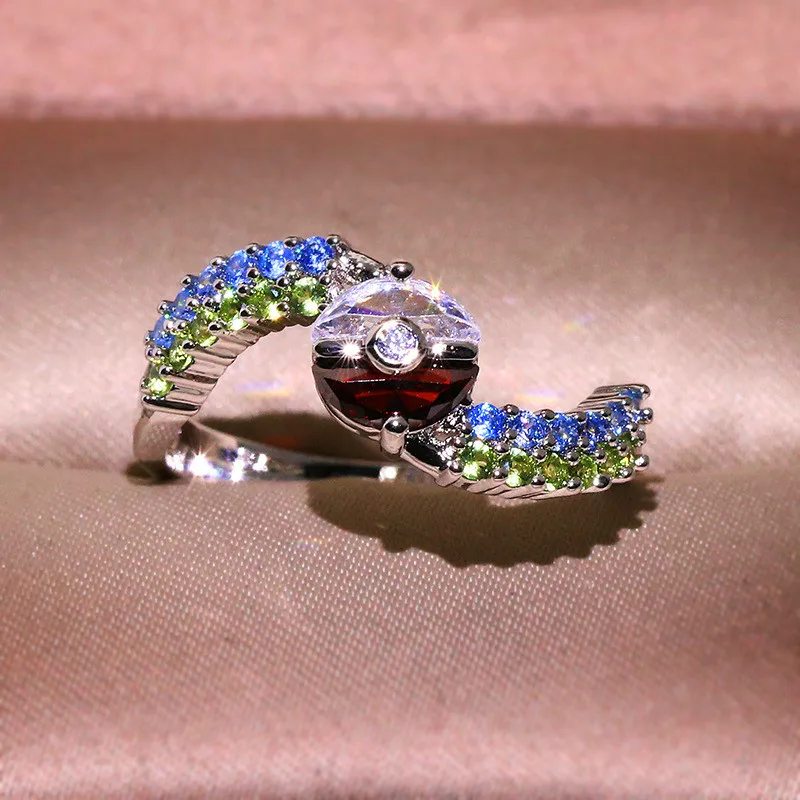 Luxury Female Crystal Red White Ball Ring Vintage Silver Color Wedding Finger Ring Promise Love Engagement Rings For Women