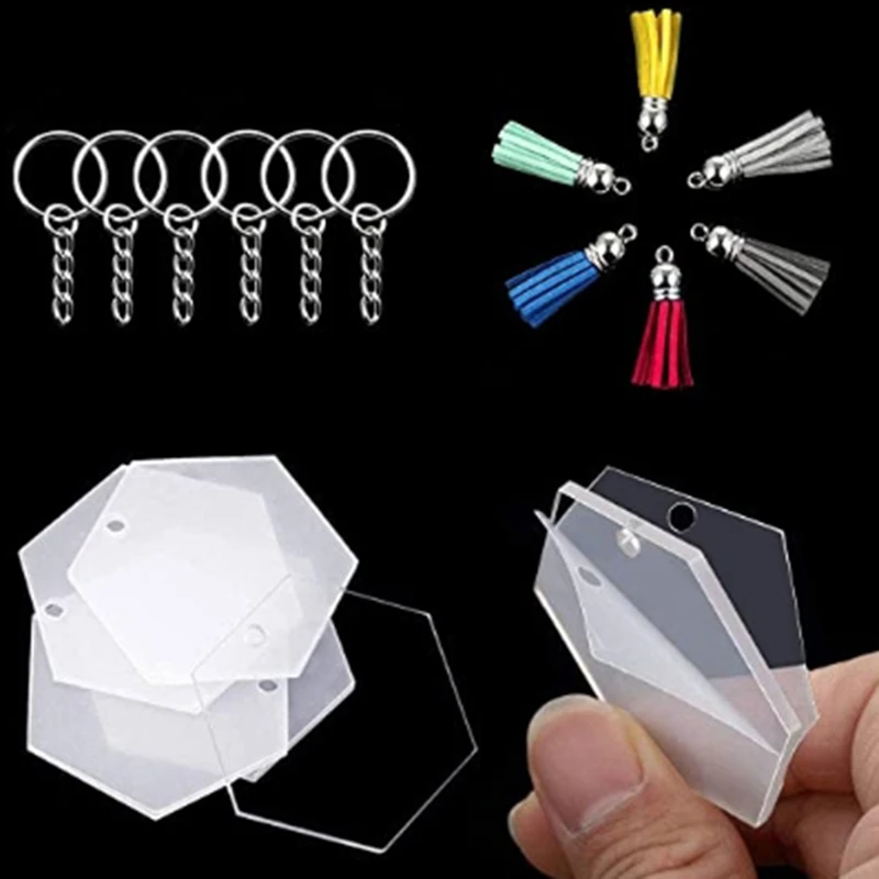 72Pcs Acrylic Transparent Discs Hexagon Keychain Blanks Charms and Tassel PeL8V8 