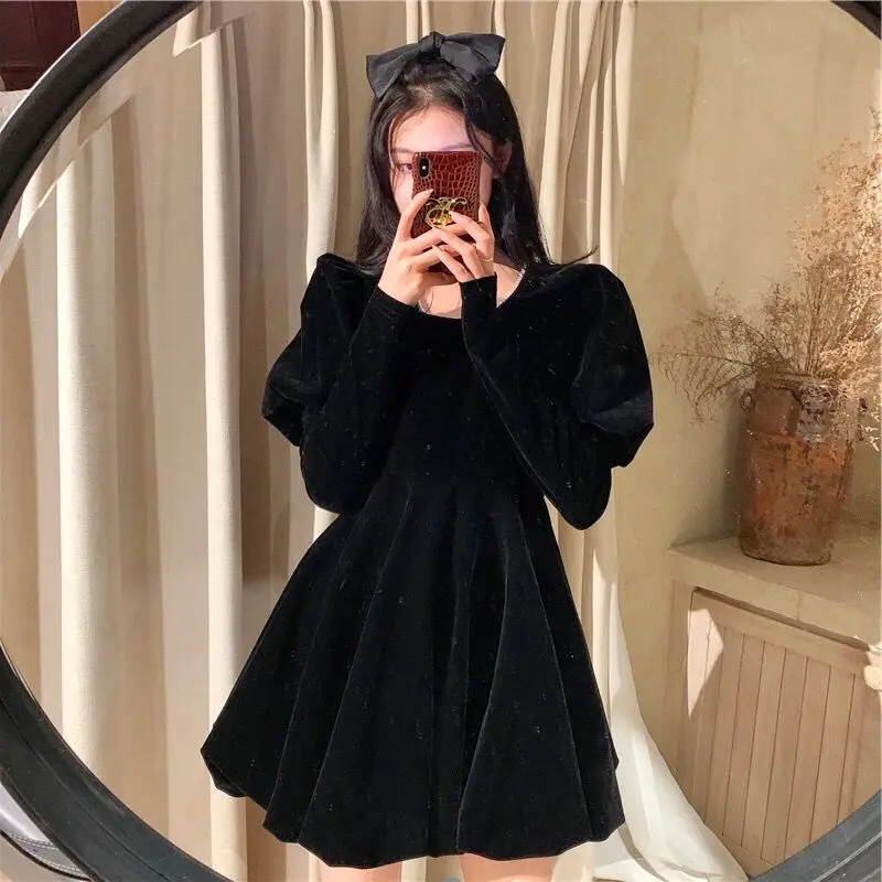 Vintage Style Black A-LINE Puff Sleeve Mini Dress Korean