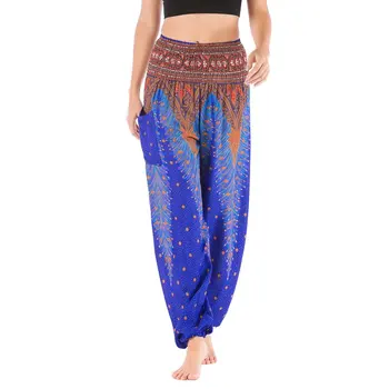

B 2020 Women's Summer New Thai Cotton Silk Peacock Printing Lantern Pants Sports Pants Holiday Casual Pants