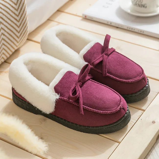 Suihyung/Зимние плюшевые тапочки; мягкая теплая Домашняя обувь с искусственным мехом; обувь из замши и хлопка; женские домашние пушистые тапочки на платформе - Цвет: Бургундия