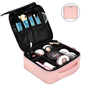 

Travel Cosmetic Storage Bag for Women Portabable Makeup Case Pink Leather Cosmetic Organizer with Adjustable Dividers