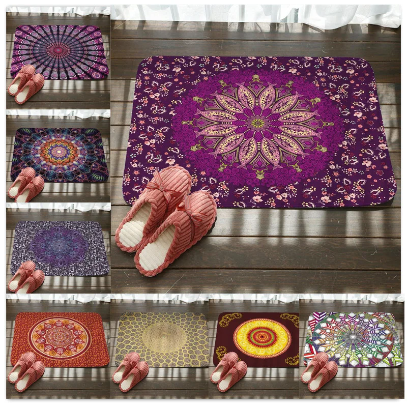 

Floor Door Mats Flannel Rainbow Color Mandala Lotus Floral Rugs Anti-slip Bedroom Bedside Foot Pads Doormat