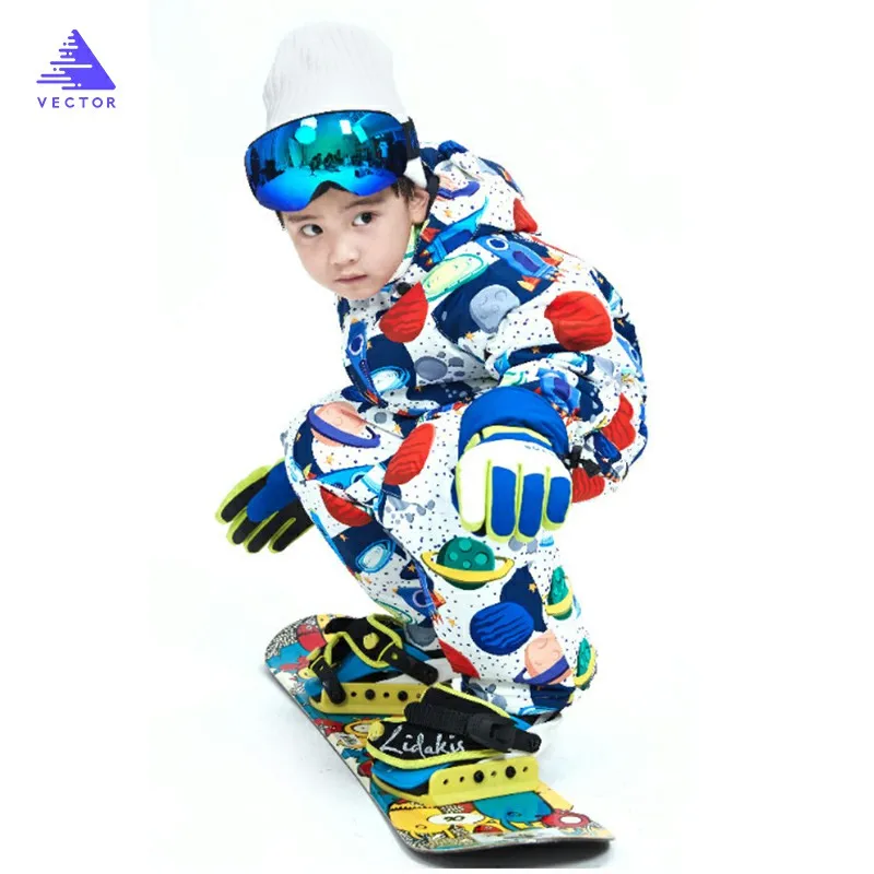 Векторный теплый детский лыжный костюм с капюшоном, комбинезон для сноуборда, синтетическая зимняя уличная водонепроницаемая ветрозащитная лыжная одежда для мальчиков и девочек
