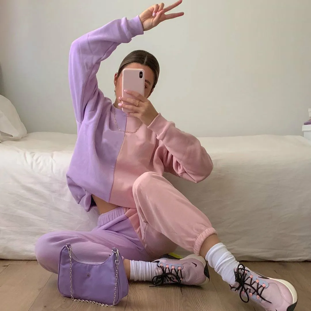 

Zoulv Street Fashion Autumn/winter New Fresh Daily Leisure Letter Embroidery Contrast Purple Powder Stitching Sweater Pants Set