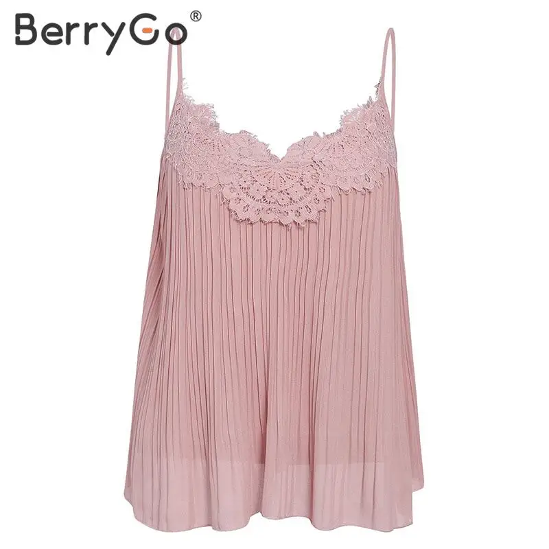 BerryGo Elegant lace embroidery pink tops women Sexy v-neck female camis tank top Summer spaghetti straps ladies tops shirt