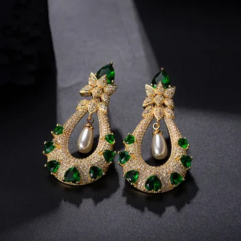 

Trendy Mirco Paved Zircon Flower Water Drop Earrings Simulated Pearl Green Pendant Earrings Bride Weddings Women Party Jewelry