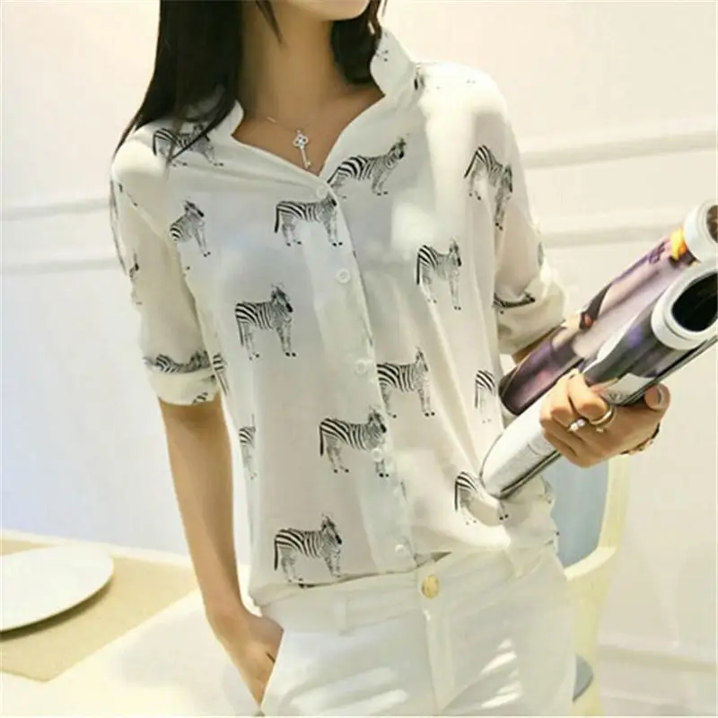 

Women Letter Zebra Print Blouse Chiffon Shirt Blusas Fashion Girls Short Sleeve Button Down Tops