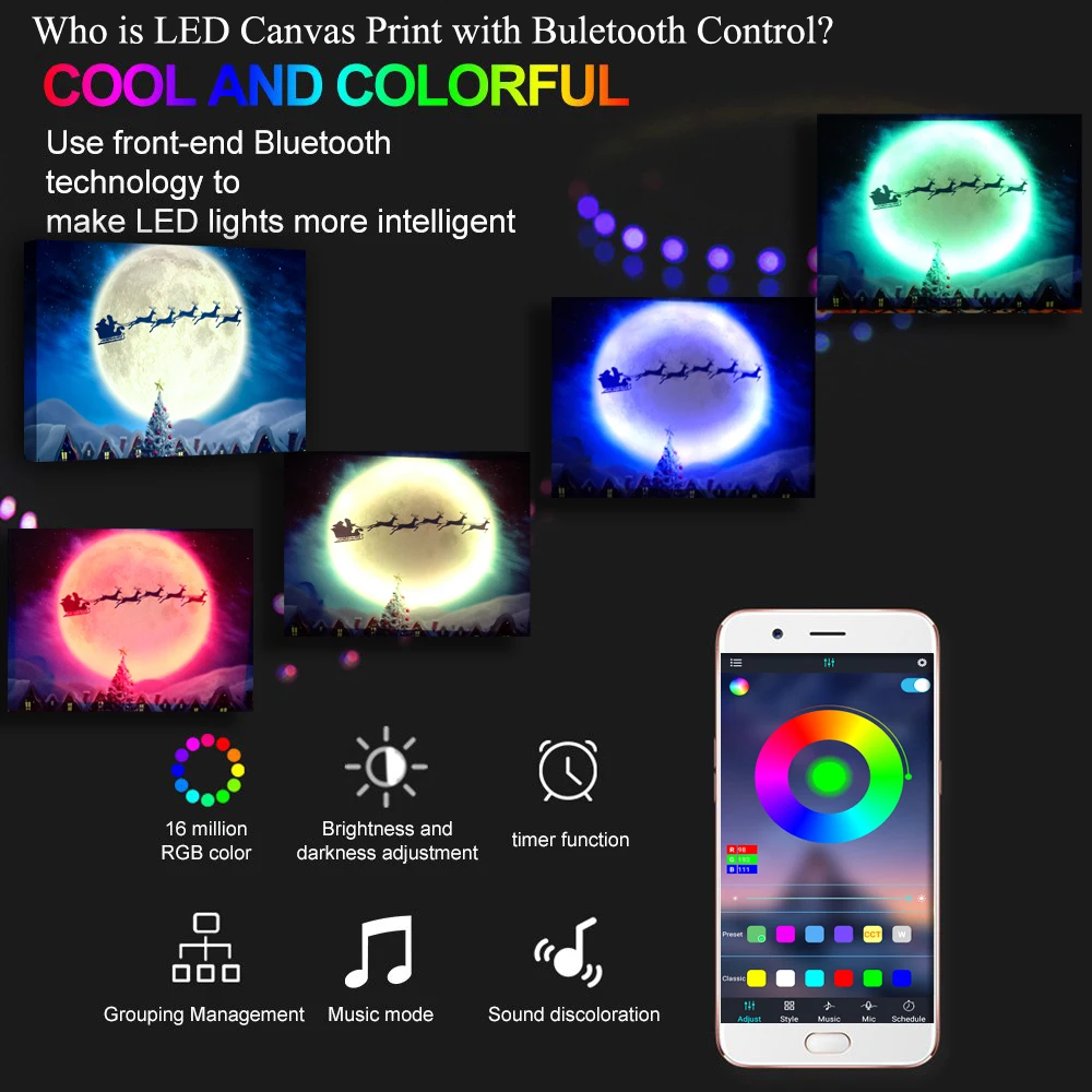 USB мощность bluetooth управление Led холст настенные декоративные Рождество Луна с Санта Клаусом ночной холст печать освещает живопись