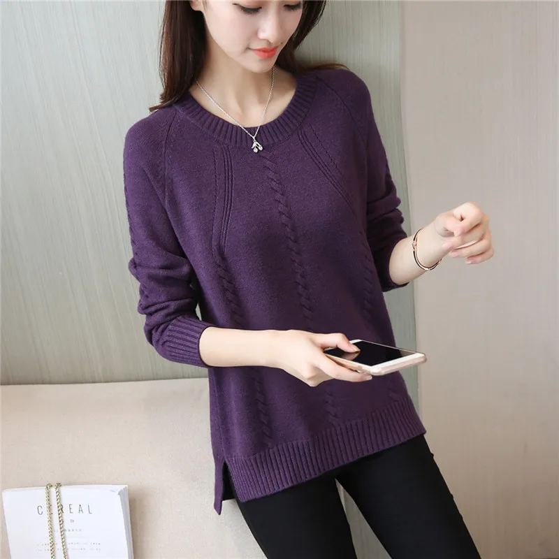 

Woman Sweaters 2020 Korean Kawaii Casual Purple Pullover Knit Sweater Winter Blusas Mujer Loose O-neck Split Slim Solid Clothing