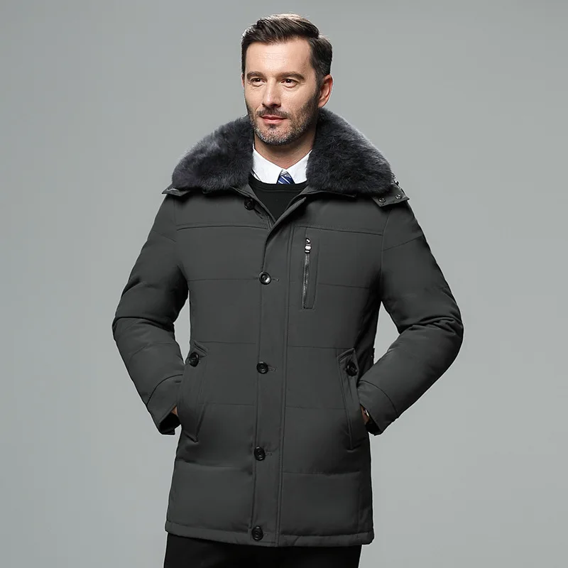 Мужская теплая куртка-пуховик на молнии с меховым воротником и капюшоном, Мужское пальто, пуховик на утином пуху, зимние куртки для мужчин - Цвет: dark grey