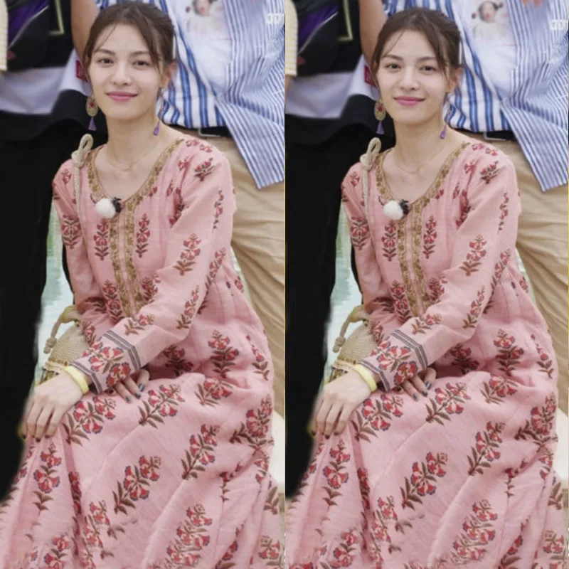 

Pink Dress Temperament National Wind Long Dress Autumn 2019 Embroidery Straight Embroidery Floral Straight Women Dress