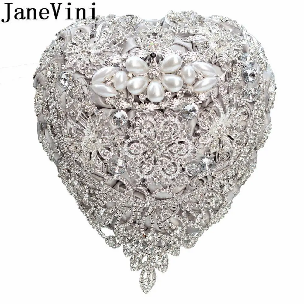 JaneVini 2020 Heart-shaped Pearl Beaded Bridal Bouquets Shining Crystal Rhinestone Bride Teardrop Fake Flowers Wedding Bouquet