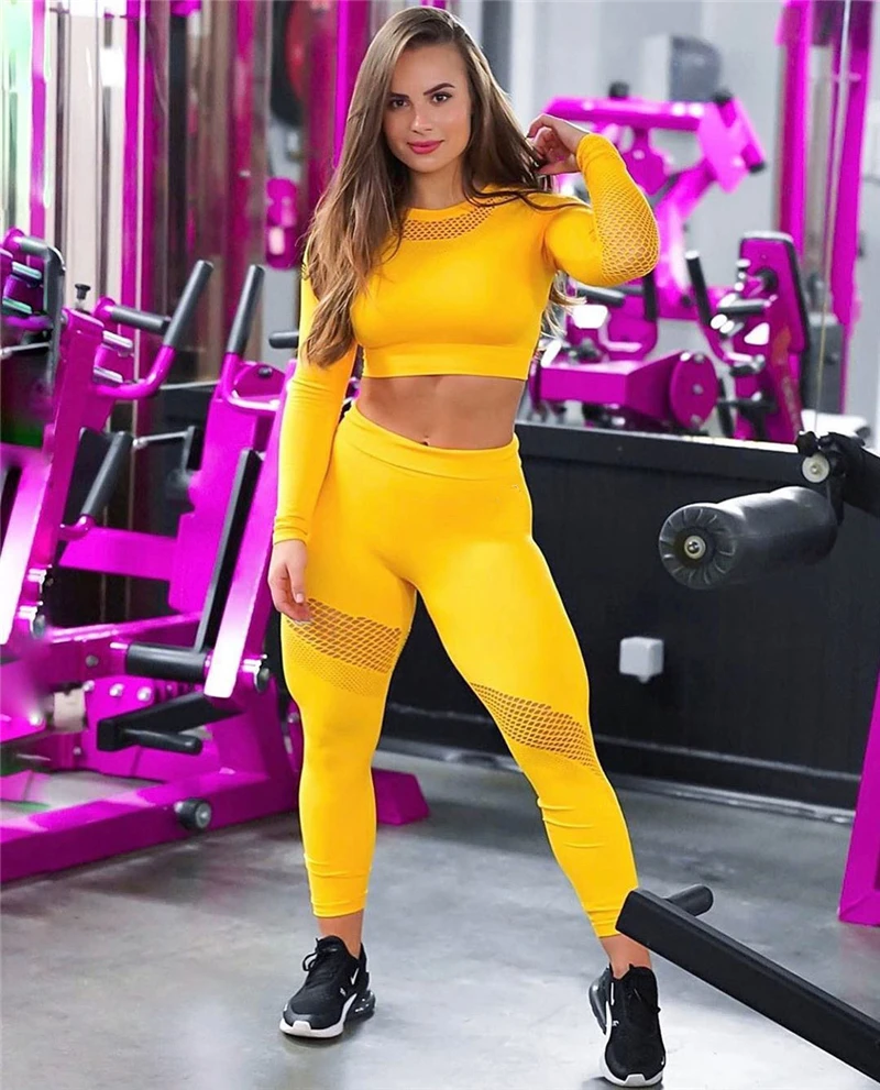 Yoga Set Women Sport Suit Gym Clothes 2 Piece Seamless Hollow Out Fitness Long Sleeve Crop Top High Waist Workout Leggings
