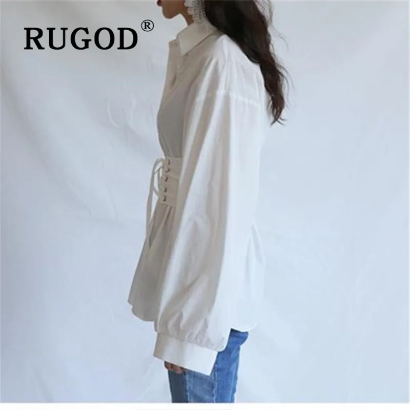 RUGOD Милая однотонная Элегантная блузка для женщин с поясом, топы оверсайз с длинными рукавами в Корейском стиле, женская одежда