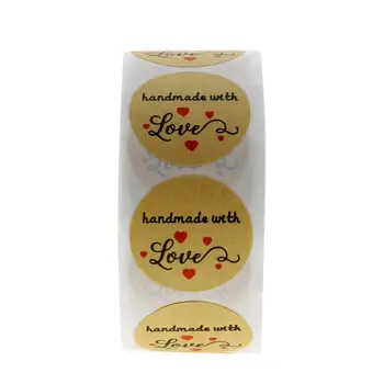 

500pcs/roll Handmade with Love Sticker with Red Heart Kraft Sealing Sticker DIY Brown Hand Made Sticker For Package