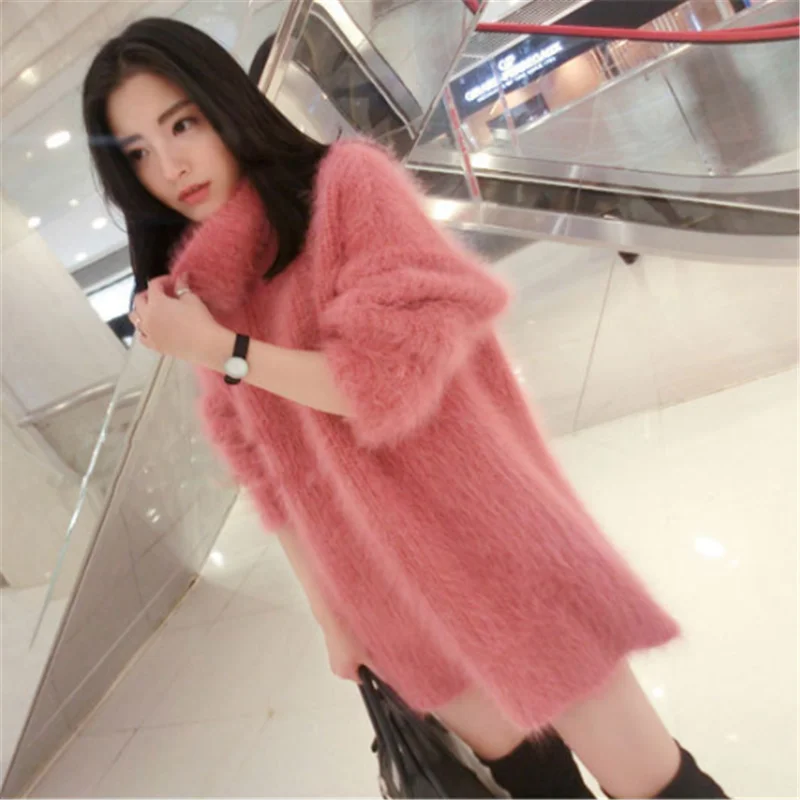 Женский зимний свитер пуловер корейский вязаный длинный свитер толстый шерстяной сексуальный розовый свитер с высоким воротом размера плюс длинный свитер