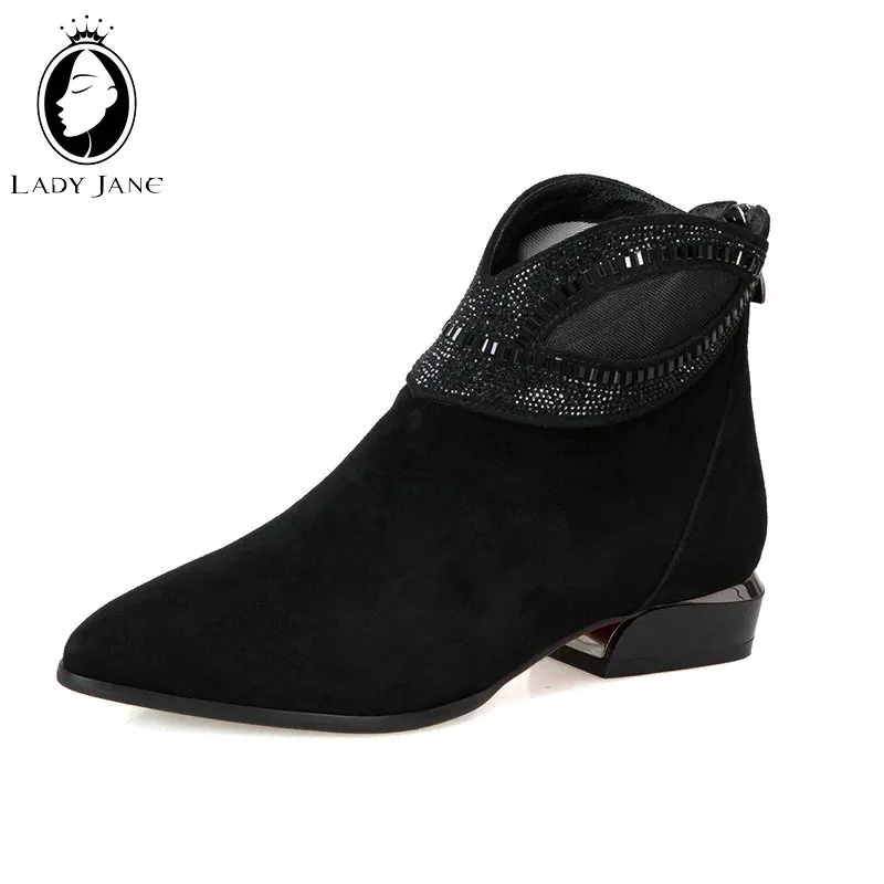 

Lady Jane 2019 New Autumn Winter Casual Low Heels Boots Casual Pointed Toe Thick Heels Sheepskin Ankle Boots Shallow Dress Shoes
