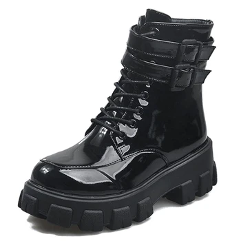 

Sponge Cake Thick Bottom Double-Row Belt Buckle Short Tube Boots High Waterproof Platform Cross Straps PU And Patent Leather