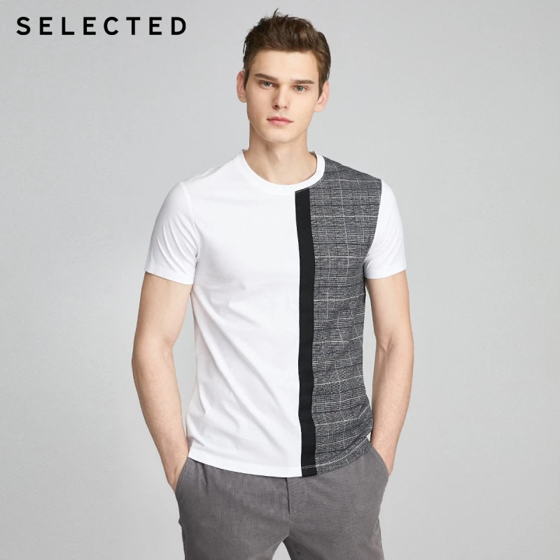 

SELECTED Slightly Stretch Plaid Splice Short-sleeved Knit T-shirt S|420101515