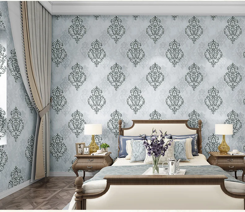 High quality 3D stereo pressed European style peacock green wallpaper luxury non-woven Damascus wallpaper bedroom TV background