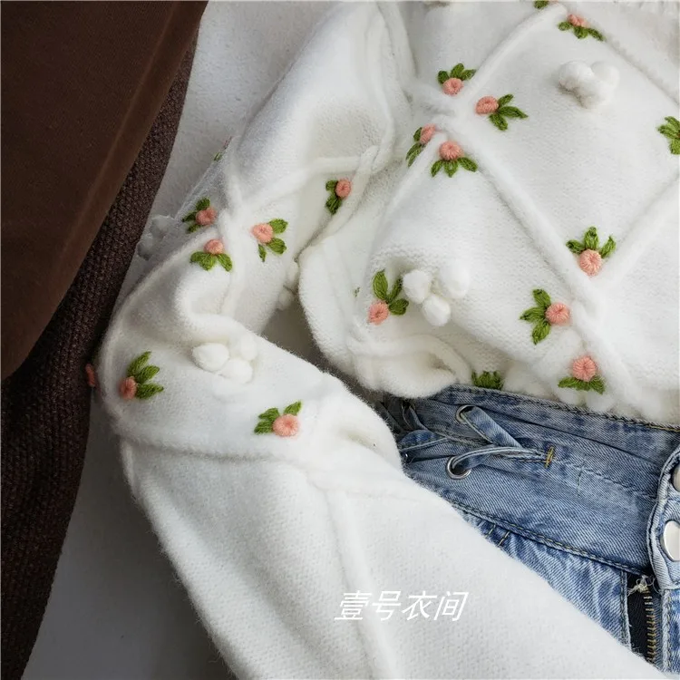 Женская куртка с цветочной вышивкой в Корейском стиле, украшенная бриллиантами и жемчужинами, ручная работа, маленький цветок, шар, толстый теплый свитер